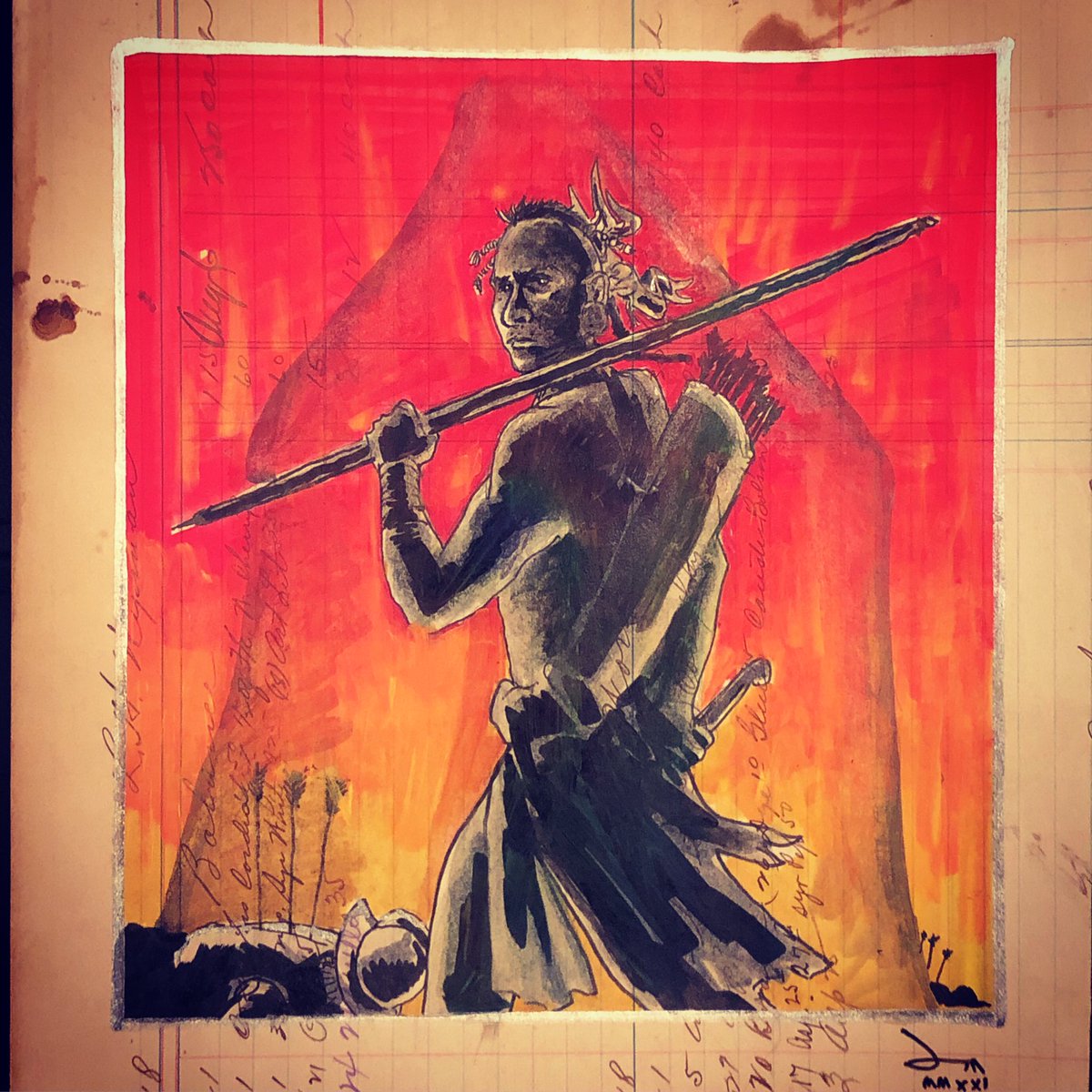 Dustign's tweet photo. Ledger doodle: “Tasahli” (yell) illustrated on antique 1918 #ledgerpaper #mixedmedia #ink , #copicmarkers 9x10” #seeme #muskogean #1541 #chickasaw #conquistador #chickasawartist  #ovac #welcomeparty #firstcontact #seemecommunity https://t.co/BiT0k7bm2o