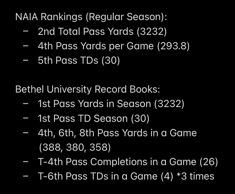 CoachBright11's tweet photo. What a year for QB Nolan Chowbay! Multiple statistics near the top of the @NAIA and all over the @BU_FootballTN record books. Thankful for the opportunity to coach him! 🟣🟡 #ChasingGreatne22 https://t.co/vgO7QMMemm