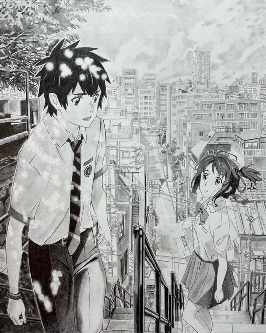 君の名は 鉛筆画✏️ A4サイズ 23時間。 描けたー(^◇^;) #君の名は