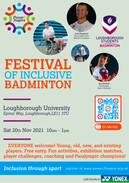 Power2InspireUK (@power2inspireuk) on Twitter photo TOMORROW (Saturday) we host our Festival of Inclusive Badminton at <a href="/lborouniversity/">Loughborough University</a> in the <a href="/Lborobadminton/">Lboro Badminton</a> Centre.
Anyone & everyone is welcome for a morning of FUN!
⏰10am - 1pm
🗣️ FREE
👉Find out more & sign up (you can also just show up on the day):
power2inspire.org.uk/events/festiva… TOMORROW (Saturday) we host our Festival of Inclusive Badminton at <a href="/lborouniversity/">Loughborough University</a> in the <a href="/Lborobadminton/">Lboro Badminton</a> Centre.
Anyone & everyone is welcome for a morning of FUN!
⏰10am - 1pm
🗣️ FREE
👉Find out more & sign up (you can also just show up on the day):
power2inspire.org.uk/events/festiva…