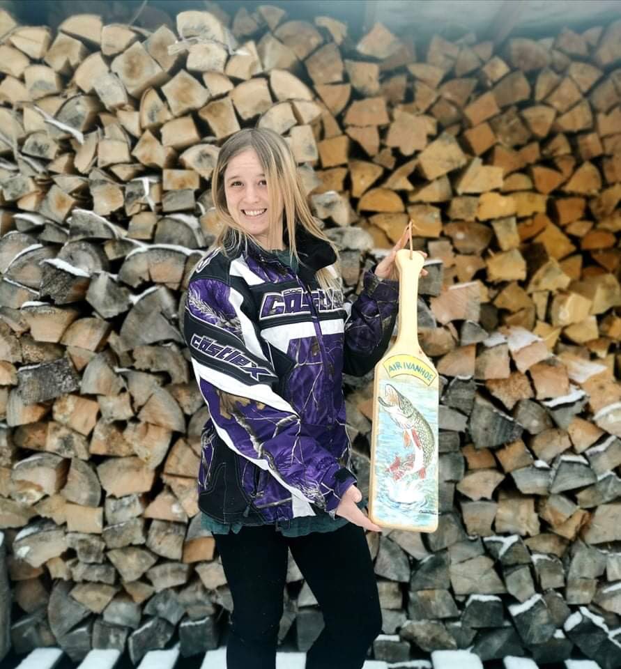 Congrats to Priscilla Jacobs for winning the Pike Week draw on our last facebook giveaway !!! #Paddle #Artwork #NorthernGirl #Woodwork #cottagelife #cottagecountry #airivanhoe #NorthernOntario #customartwork #pikeweek outfitter #guide #tourism #tourismOntario #OntarioTourism
