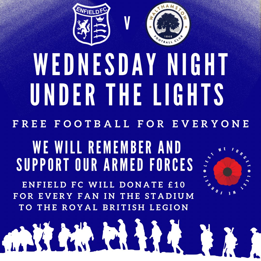 Planning your week ahead? 👀

Don’t forget The E’s host <a href="/walthamstowfc/">Walthamstow Football Club</a> on Wednesday night and it’s FREE ENTRY FOR EVERYONE!

We will also be donating £10 for every fan in the stadium to <a href="/BritishLegionRX/">The Royal British Legion</a> ! 

#TheEs
