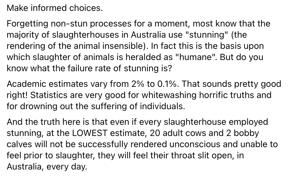 VeganRoo's tweet photo. Make informed choices.  No matter how it's done, it's all inhumane, it's all an abuse of power, it's all unnecessary.

Text from The Animal Project.

#govegan #vegan #animalrights #welfare #plantbased #australia #humane #humanemyth https://t.co/dGtH72KAaN