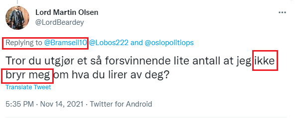 Bramseil10's tweet photo. @LordBeardey @Lobos222 @oslopolitiops Ironien er slående. Jeg utgjør for øvrig én person og det samme gjør du. Om du er av oppfattelse av noe annet bør du oppsøke profesjonell helsehjelp. https://t.co/CBYvpg1CGq
