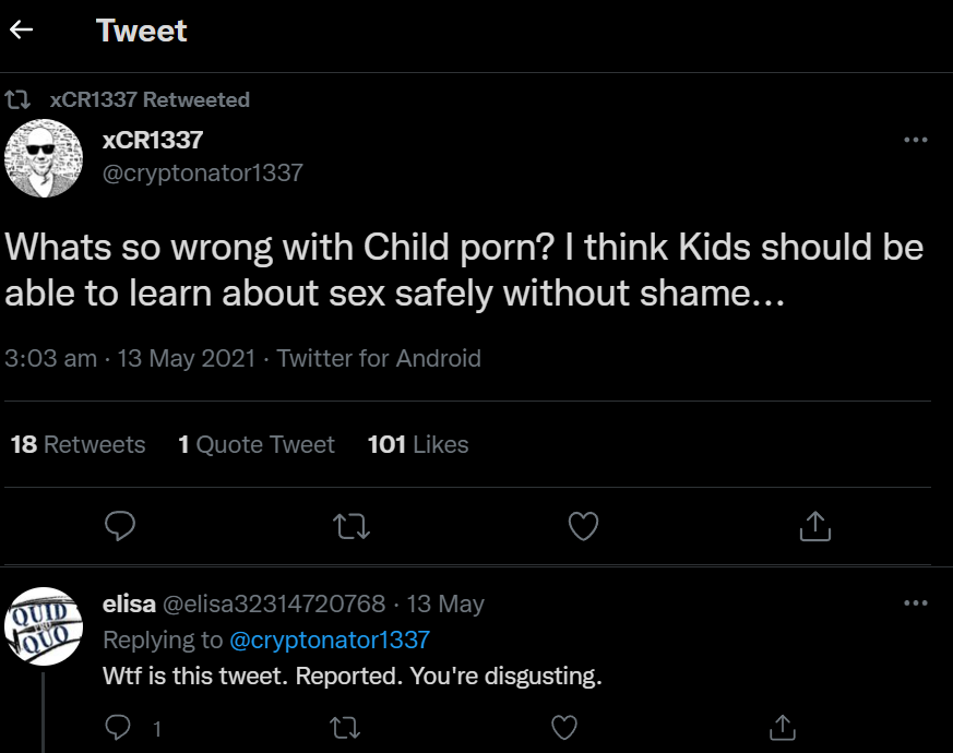 CryptoGensler's tweet photo. Twitter has finally locked the account of one of CT's most notorious scam artists. Great work guys!

Turns out he's also a child predator. 🤮

He made a new alt account ( @xCR1337) I think everyone should report it as well. This sick person should not be allowed on the internet. https://t.co/8kCVKIW7PN