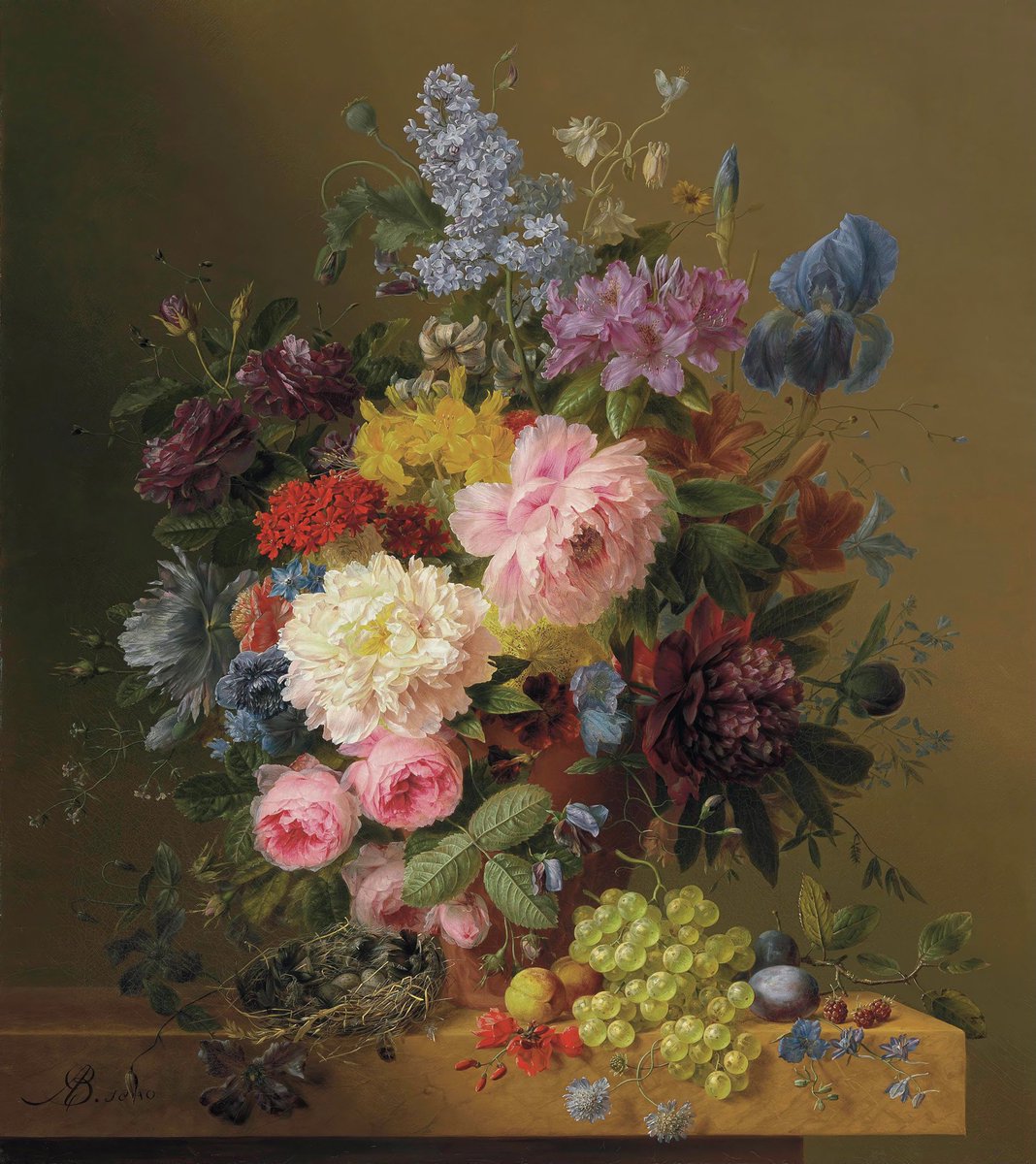 AcademiaAesthe1's tweet image. Lilacs, Peonies, Tulips, Roses, Irises and other Flowers with Fruit and a Bird's Nest on a Marble Ledge
Arnoldus Bloemers, 1840