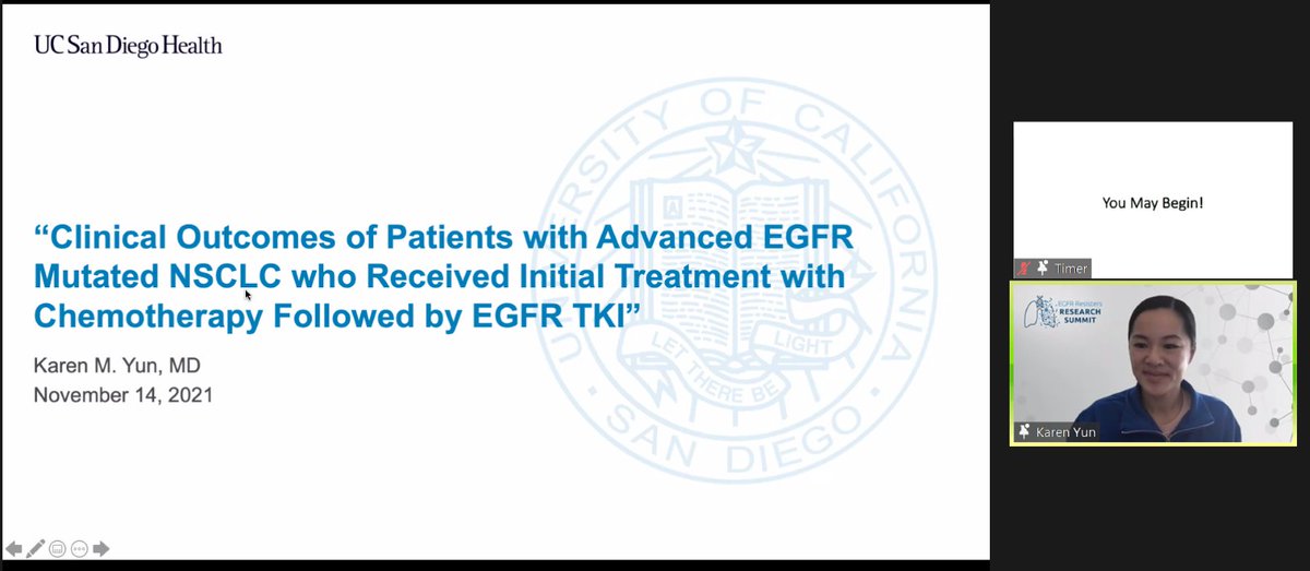 EGFRSummit's tweet photo. Dr. Karen M. Yun from @UCSDCRCERA delivered her findings on real-world outcomes of patients with advanced #EGFR-mutated #NSCLC who received initial treatment with chemo followed by #EGFR TKI. #EGFRSummit21 #LCAM #LCSM #TKI #realworldstudy https://t.co/opLJQ8QtGe