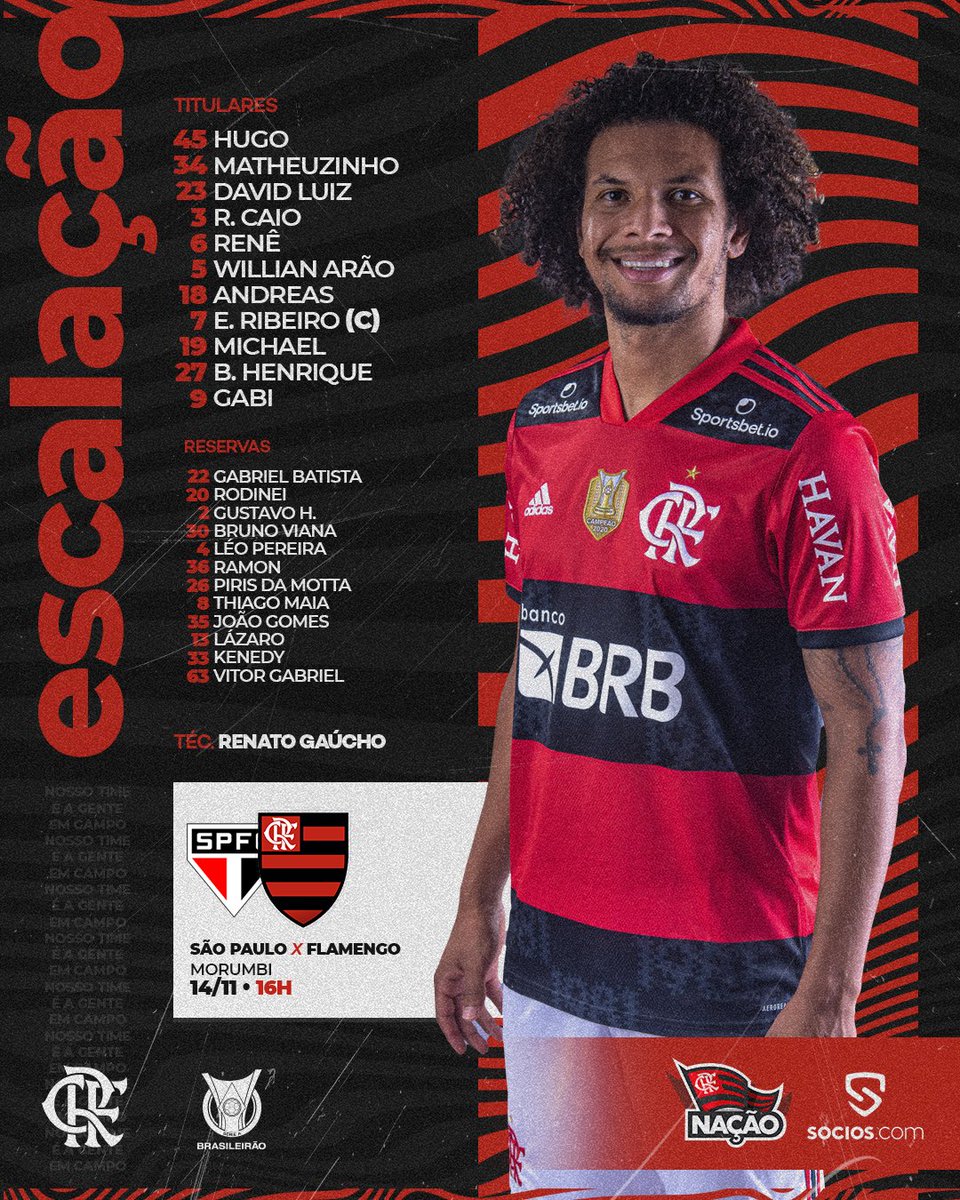 Flamengo's tweet photo. Nosso Time é a Gente em Campo! O Mengão está escalado para enfrentar o São Paulo, no Morumbi, pelo Brasileiro. Pra cima! #SAOxFLA #VamosFlamengo https://t.co/gwvmCGyd3X