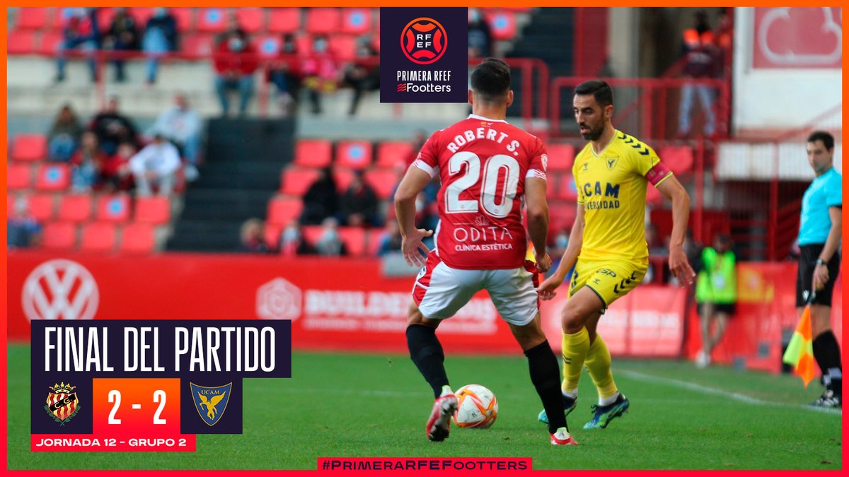 Primera_RFEF's tweet photo. 🤝¡NO HAY TIEMPO PARA MÁS EN EL NOU ESTADI!
➡️ Un punto para cada conjunto.
⚽ 0-1 | #Xemi (10')
⚽ 1-1 | @ribelles_10 (26')
⚽ 1-2 | #Xemi (29')
⚽ 2-2 | @robert_simon93 (69')
2-2 | @NASTICTARRAGONA 🆚 @UCAMMurciaCF
ℹ️ https://t.co/AzuRbXqtoF
#PrimeraRFEFootters https://t.co/11lxq3Zp1x