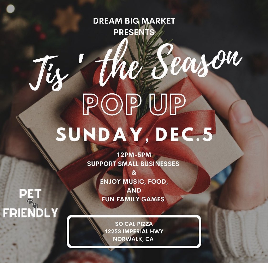 TeamDBP2014's tweet photo. Shop small, support local.
Join #TeamDBP and over a dozen small, local businesses at our community popup on Sunday, December 5th from 12pm-5pm.
Santa Claus will be present for photos with kids/families.
Thank you So Cal Pizza for your partnership! https://t.co/CMpsKolvqT