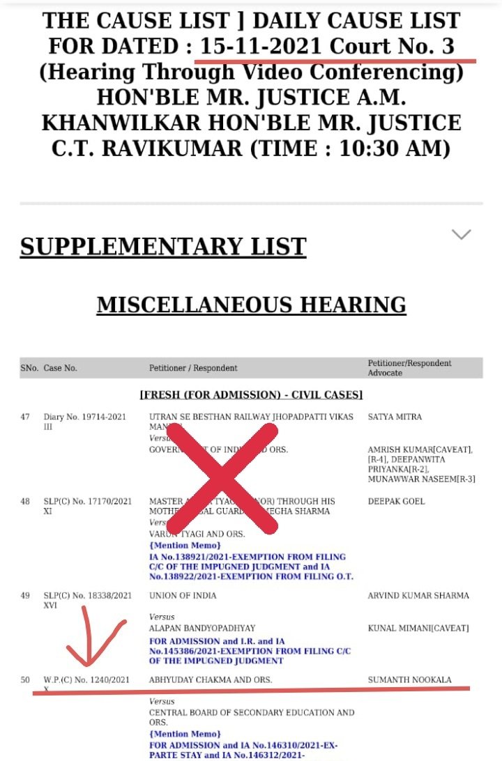 IamSaurav_1's tweet photo. WPC 1240/2021 listed at CL No. 50 (likely post lunch) on 15/11/2021(Monday).
It's my solicitation @court_india to accept the plea of all the students.
@AIJNSA_official
@UrHimanshuBorah
@ActivistSukhpal
@Adv_NSReddy
#MakeTerm1Hybrid https://t.co/SvN4ewFc5o