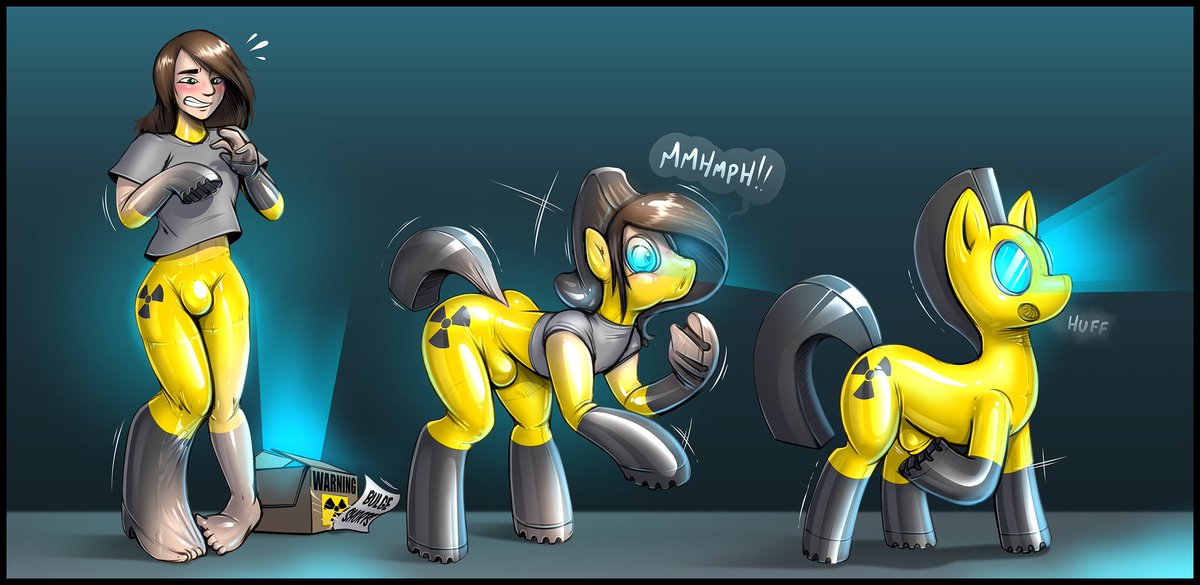 Redflare500's tweet photo. Permanent Pony Dronification for @DominicRaccoon after wearing a special shiny pair of rubber shorts~

Fusing with his body, soon the radioactive rubber has spread and converted him into a huffy hooved hazmat pony, lenses glowing, mindlessly rubbing it's bulge... https://t.co/RlNbUsZnyj