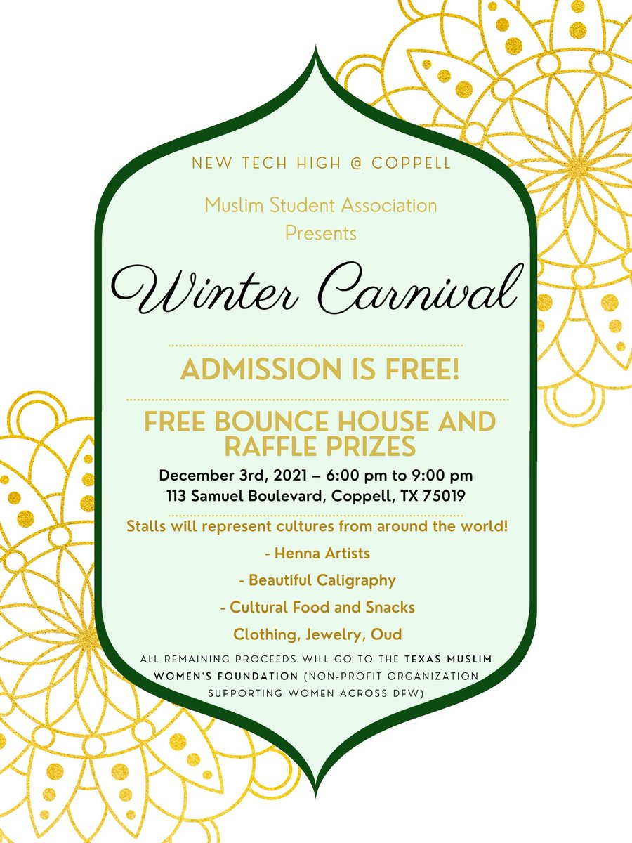 Hello everyone! On December 3rd, our Muslim Student Association is hosting a Winter Carnival to showcase the different world cultures. Everyone is invited so please come and bring your families! @Coppellisd #cisd #nthctribe @bhunt84 <a href="/NewTechCoppell/">New Tech High @ Coppell</a>