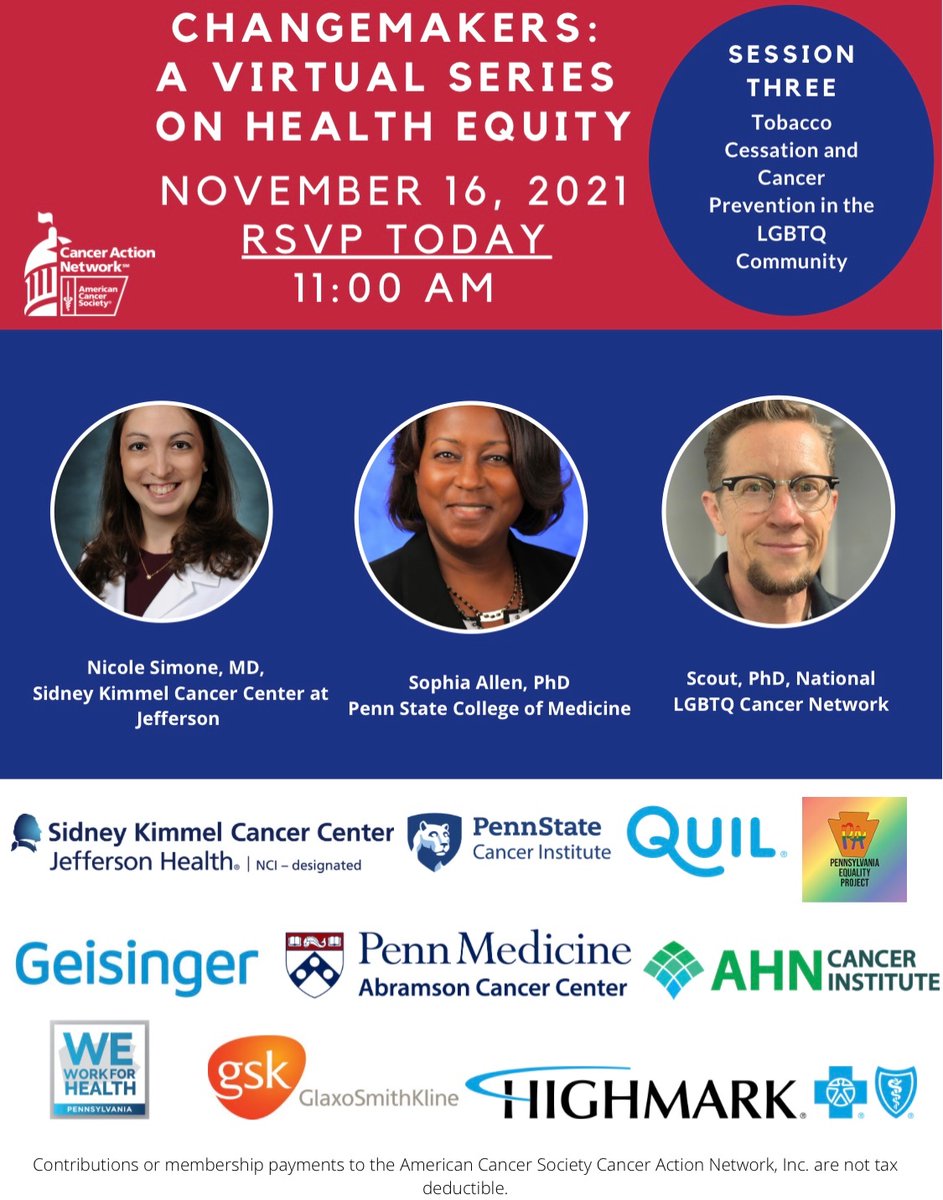 ACSCANPA's tweet photo. Join us for our final session of the Changemakers Series! We are looking forward to hearing from this expert panel from @KimmelCancerCtr, @PSHResearch and @cancerLGBT on tobacco cessation and cancer prevention in the LGBTQ community! https://t.co/8N4LSemCjx