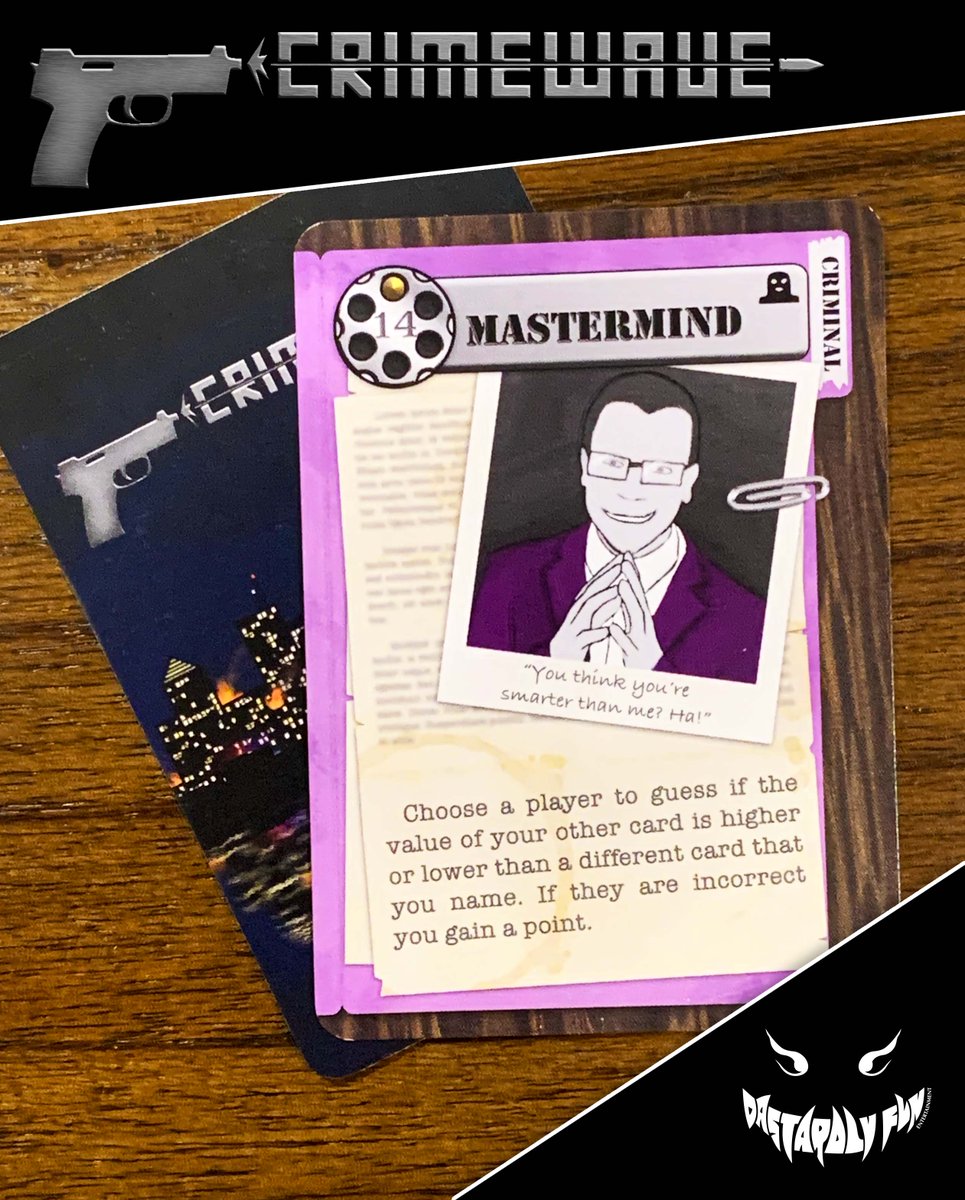 Ready to play mind games with your rivals? The Mastermind sure is. They’re willing to offer information to your opponents for you to potentially gain a point. Can you outsmart them to gain the upper hand? Back Crimewave in its last couple of days today! kickstarter.com/projects/dasta…