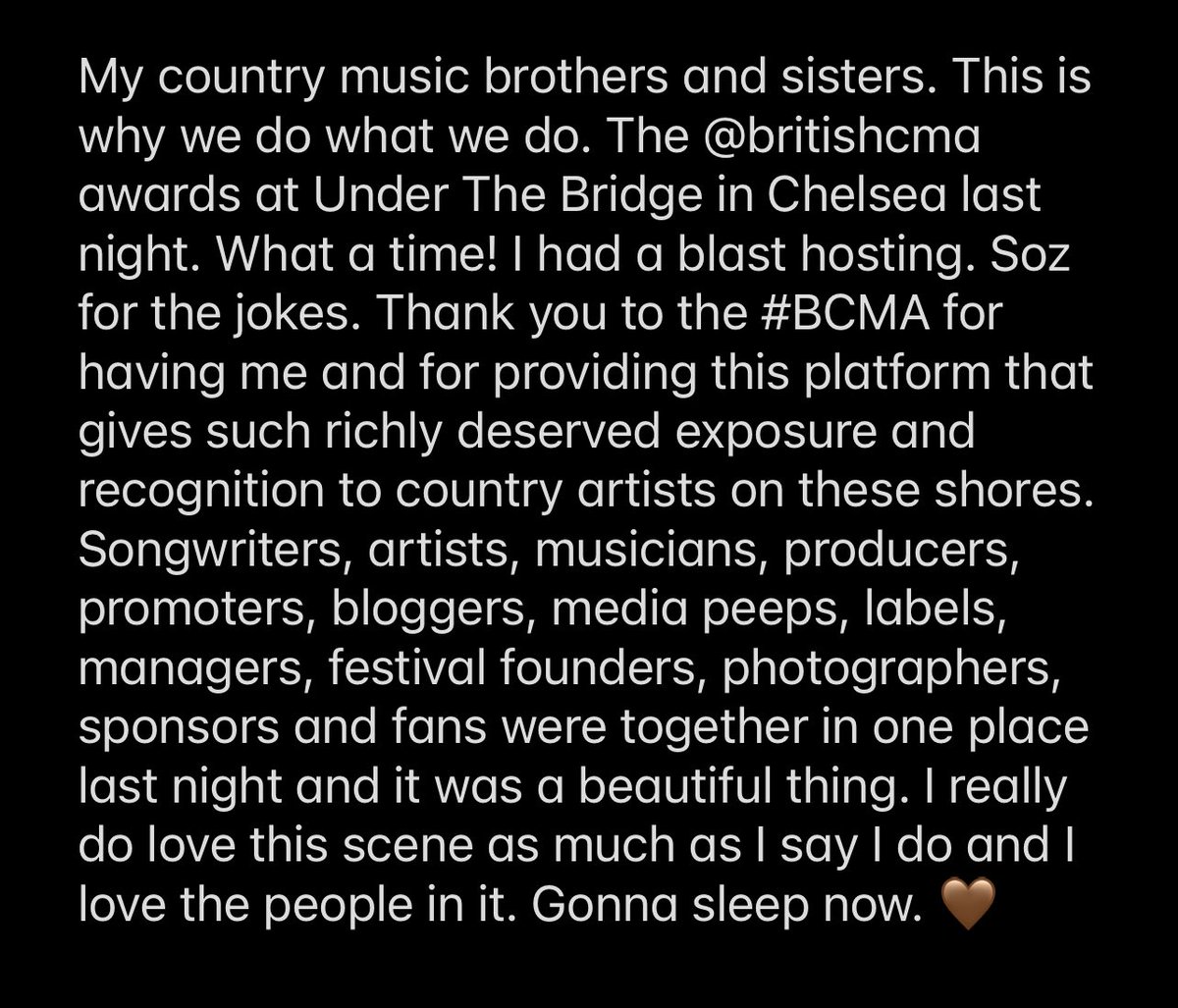 MattSpracklen's tweet photo. A little note about @BritishCMA Awards last night. I’ll be on @ARCountry tomorrow morning from 10am with stories and music from some of the performers at the awards. #BCMAAwards 🏆 https://t.co/JlAeDpJ9LQ