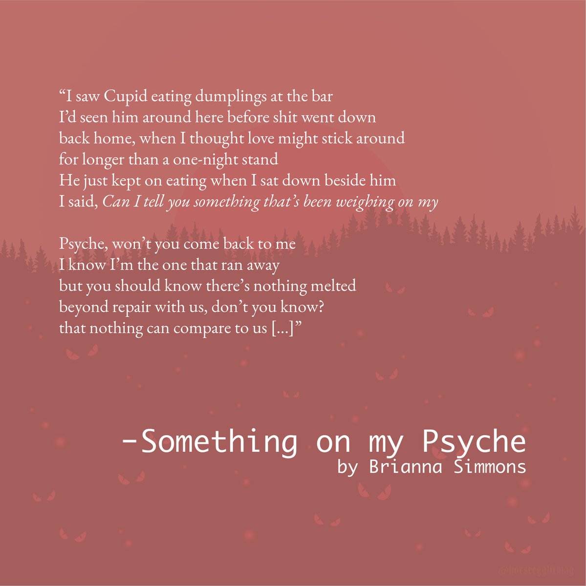 horse egg literary (@horseegglitmag) on Twitter photo Converse with Cupid in <a href="/bns_and_Bris/">Brie Simmons</a>’s “Something on my Psyche,” a lyrical poem sure to leave you lovestruck.
🏹
Read the full poem on our website: horseeggliterary.com/post/something… Converse with Cupid in <a href="/bns_and_Bris/">Brie Simmons</a>’s “Something on my Psyche,” a lyrical poem sure to leave you lovestruck.
🏹
Read the full poem on our website: horseeggliterary.com/post/something…