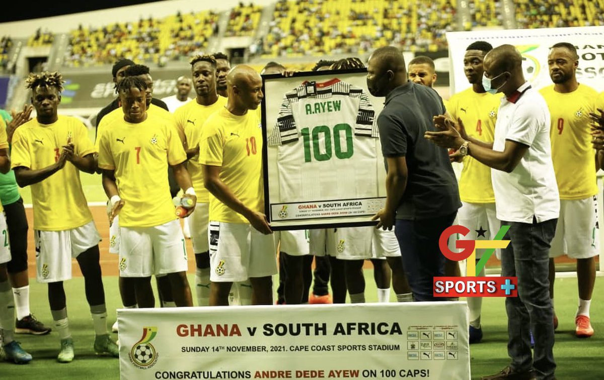 mygtvsports's tweet photo. A good gesture shown by the GFA as they present this to @AyewAndre  as he makes his 100th appearance for the Black Stars . 

#GTVSports
#Qatar2022 https://t.co/P5G2UAwxwP