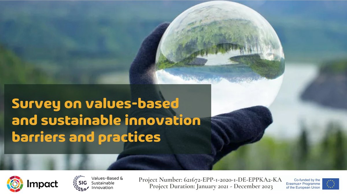 IMPACT: #Survey on values-based and sustainable innovation barriers and practices
 
This survey aims to investigate the values-based innovation in companies, with a focus on sustainability values. 

🔎 Please fill out the survey at lnkd.in/epyEjgDp

<a href="/EUErasmusPlus/">Erasmus+</a>