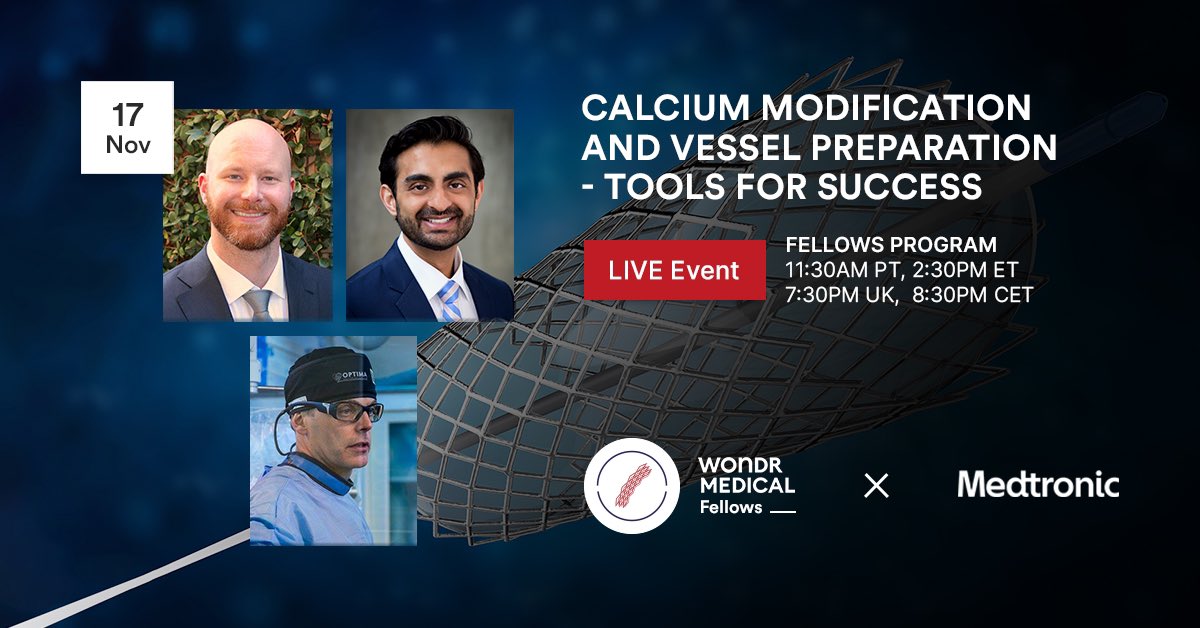 Join us Wednesday, 11/17 at 11:30 AM PST/2:30 PM EST for the next Modern PCI Trainers live webinar on Calcium modification with world renowned expert @jcspratt. This is a can’t miss event!! #ACCFIT #AHAFIT 

Free Registration at wondrmedical.net/ch/Modern-PCI-…