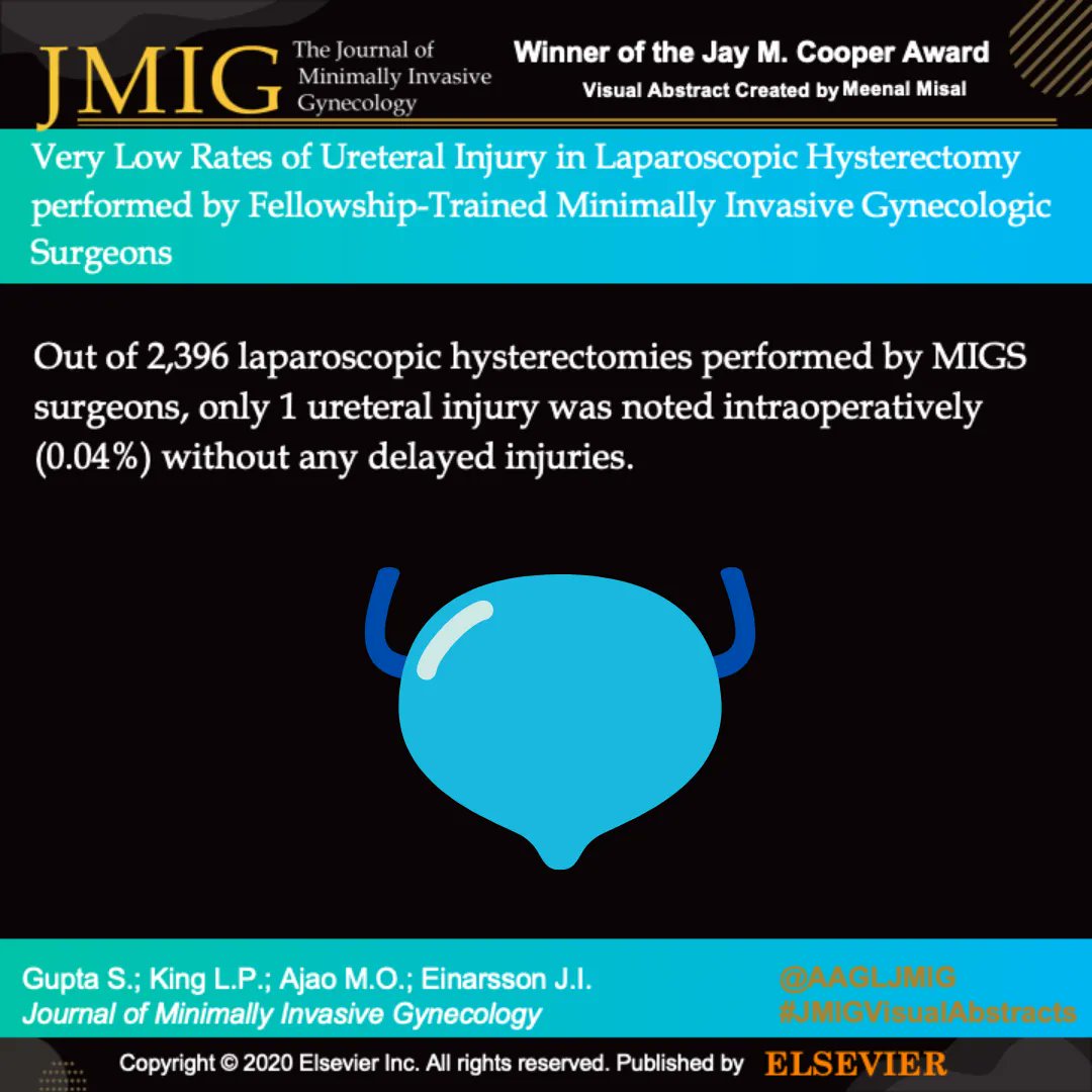 AAGLJMIG's tweet photo. #JMIGVisualAbstract celebrating award winning research! The Jay M. Cooper award for best paper by a fellow @ShabnamGuptaMD
Very Low Rates of Ureteral Injury in Laparoscopic Hysterectomy Performed by Fellowship-Trained Minimally Invasive Gynecologic Surgeons
 #AAGL21 @AAGL @FMIGS1 https://t.co/WeBCcHTTTO
