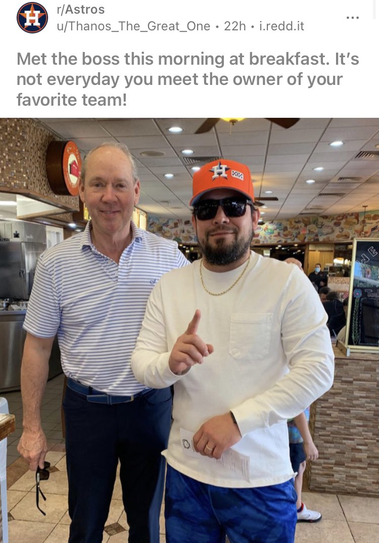 michaelschwab13's tweet photo. An Astros fan ran into Jim Crane at House of Pies. He did the Correa "it's time" for the photo 😂 https://t.co/BVT36JJ3oC