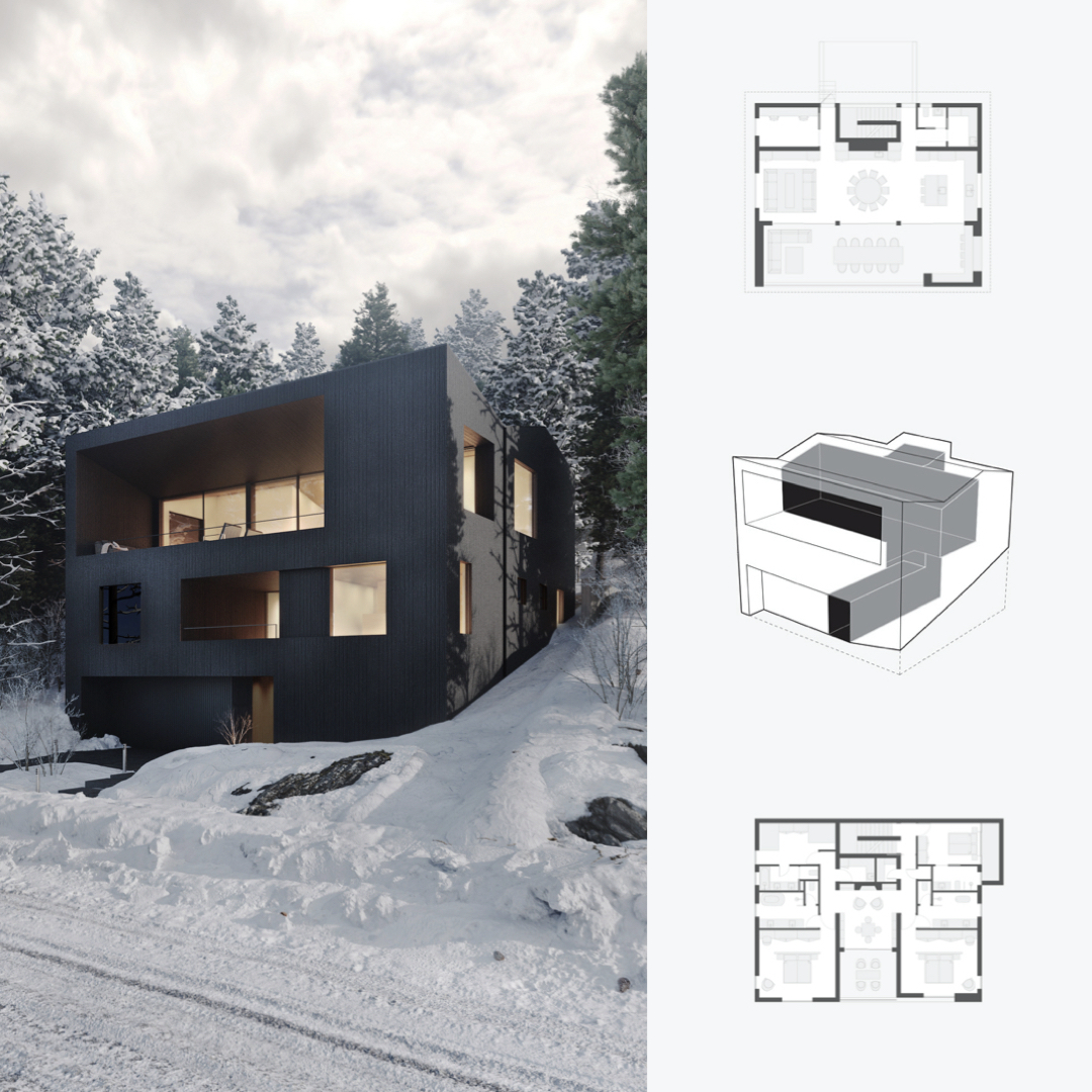 The dark, Shou Sugi Ban exterior continues through the interior, tunneling a choreographed path of circulation toward the final destination at the top level. #LaneyLAinc #architecture #architect #design #archdaily #contemporary #superarchitects #nextarch #rendering #california