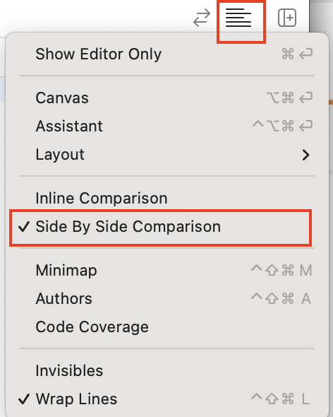 milan_panchal24's tweet image. In #Xcode13 by default code review is "Inline Comparison".
If you want "Side By Side Comparison" for your code review then click on the Editor menu and select the "Side By Side Comparison" option
#Xcode #Xcode13