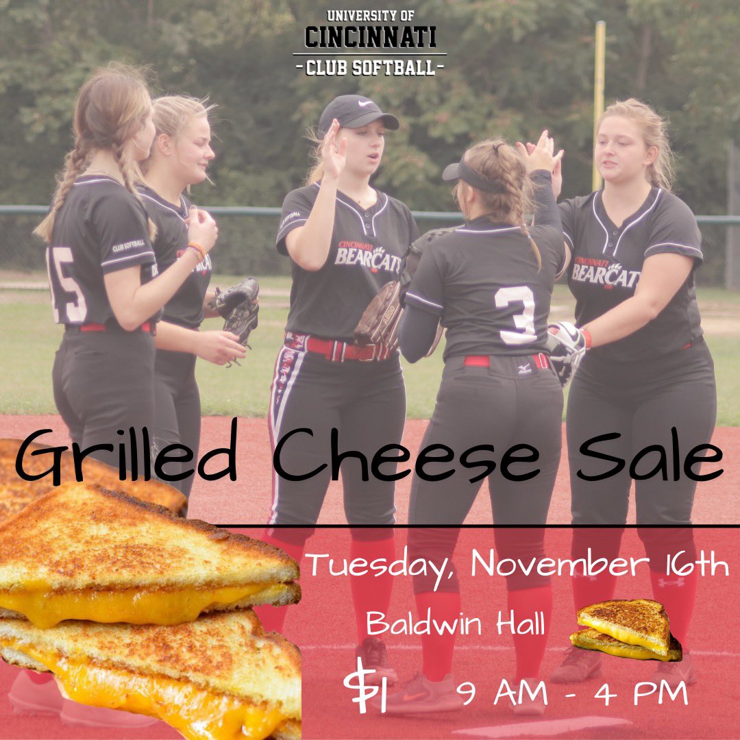 Club softball is having a grilled cheese sale THIS TUESDAY in Baldwin Hall from 9 am - 4 pm! $1 grilled cheese! 🍞🧀🥪🤤 see you there !