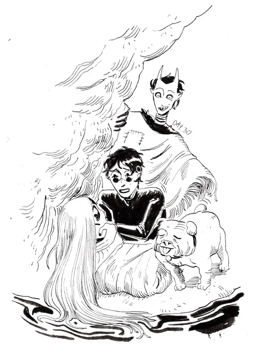 Day 30
The Knight opened her eyes to see the Witch and the Devil. They had been apparently searching for her body for days. The Knight has never seen the Witch look so relieved. 