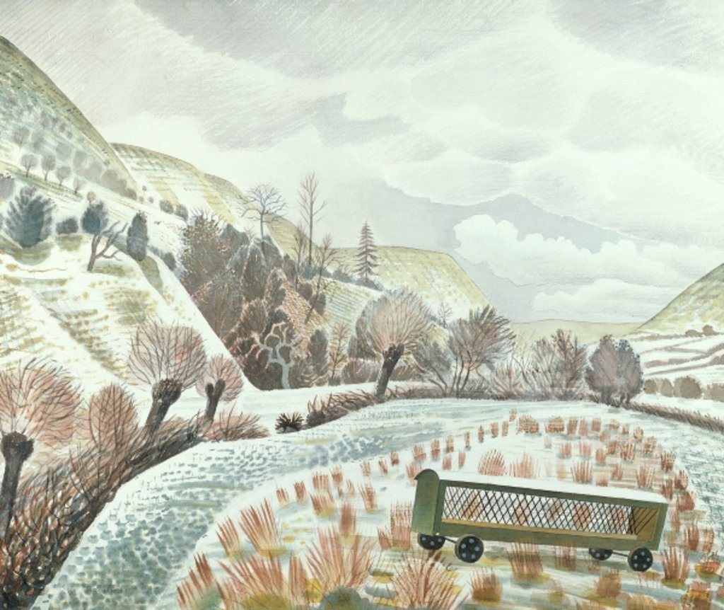 Ravilious1942's tweet photo. New Year Snow, Eric Ravilious, 1938. It depicts a scene at Capel-y-ffin, Powys in #Wales. The original artwork is in a private collection but appears to be on display at @TownerGallery. https://t.co/OP9uCFU78M