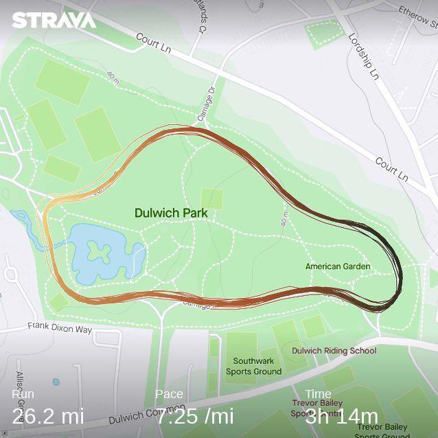 Smashed 13 minutes off my marathon PB today with 25 laps of Dulwich Park or 8 and a bit x ⁦<a href="/Dulwichparkrun/">Dulwich parkrun</a>⁩ 🤣 Gave it everything I had but will have to wait and see if it qualifies me for ⁦<a href="/WMMajors/">Abbott World Marathon Majors</a>⁩ age group world champs 🤞🏻⁦<a href="/UKRunChat/">UKRunChat</a>⁩
strava.app.link/eQExGvRzblb