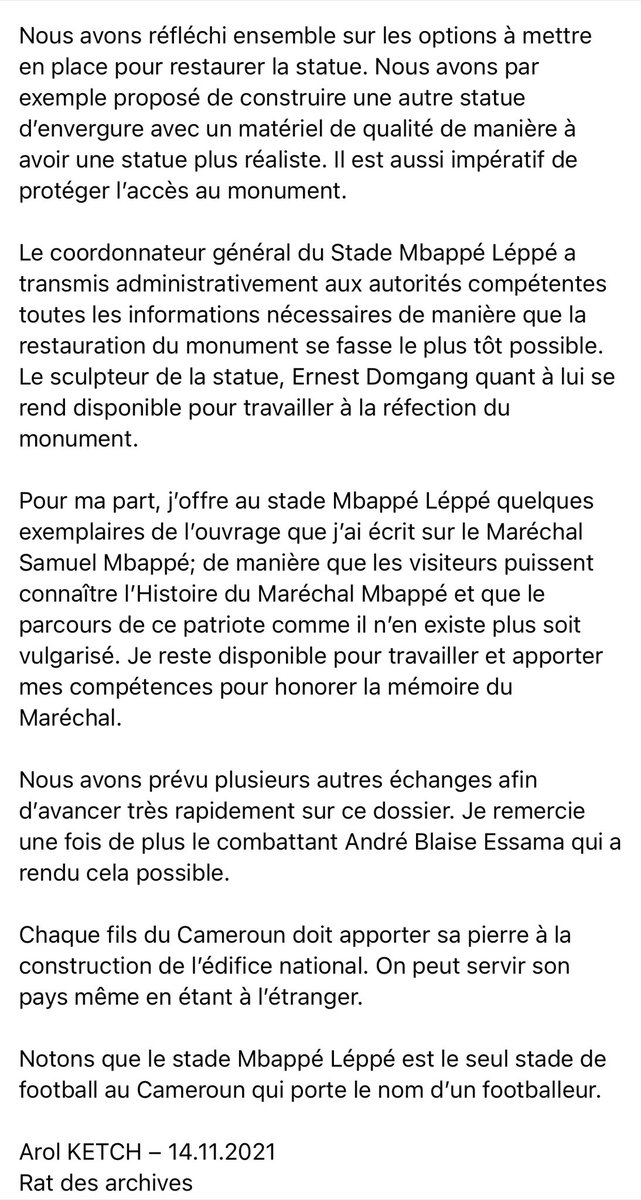 mbeatowe's tweet photo. Derniers développements concernant la statue du Maréchal #MbappeLeppe. Lisons le travail commun de @arol_ketch, @essamarche, Fréderic Ntsogo Mbili du Stade Mbappe Leppe ainsi que du sculpteur de la Statue. Du bon travail. Nous le saluons. Source: https://t.co/lfy6qHdGir https://t.co/jAE6suIdT9