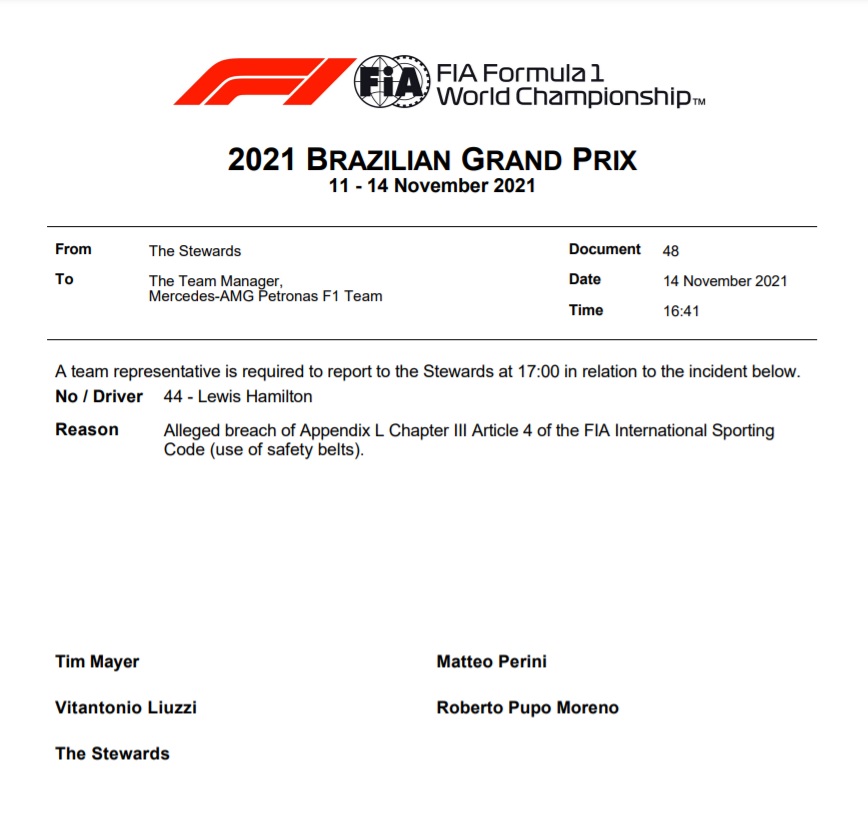 BREAKING. Lewis Hamilton moet zich melden bij de stewards in Brazilië