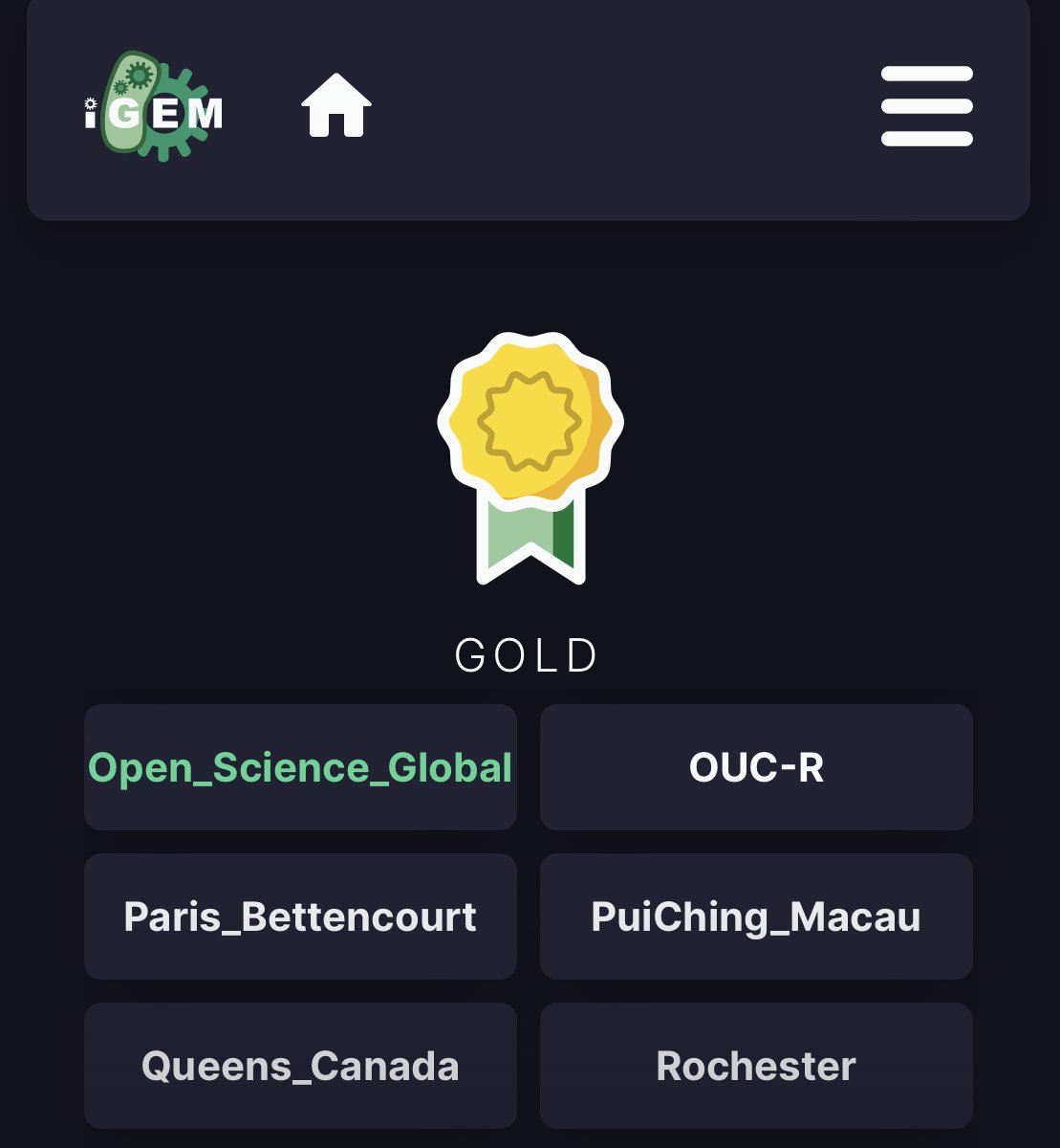 Congratulations to our team <a href="/iGEM/">iGEM Headquarters</a> team Open Science Global, aka @friendzymes, for bringing gold home 🏆 🥇 🎖 🏅. Proud of our international team.#iGEM2021 medals ceremony! Special gratitude to: <a href="/jenny_molloy/">Jenny Molloy</a>, <a href="/andrewhessel/">Andrew Hessel</a>, <a href="/lee_redden/">Lee Redden</a> and <a href="/scotbryson/">Scot Bryson</a>.