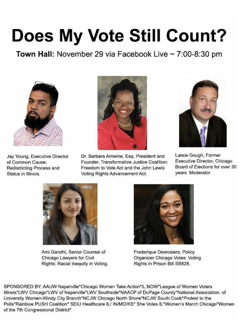 Town Hall Meeting: Monday, Nov 29, 7:00 – 8:30 PM

Learn More: dupagecountynaacp.org/politicalactio…

Preregister: us06web.zoom.us/.../tZMvd...

#VotingRights #VotingRightsNow #equity #equityillinois #AAUW #AAUWIIllinois