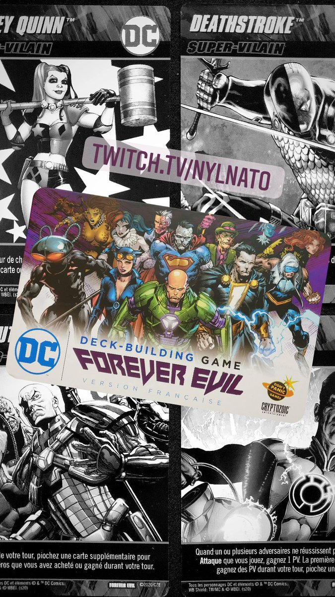 NylnAto's tweet photo. Salut à tous, on se retrouve ce soir pour du deck-building avec DC, on fera une partie avec la boite de base et une autre avec l'extension Forever Evil ^^
A ce soir 20h30 sur https://t.co/IoK9ErNY40 https://t.co/kf5I4mY0fZ