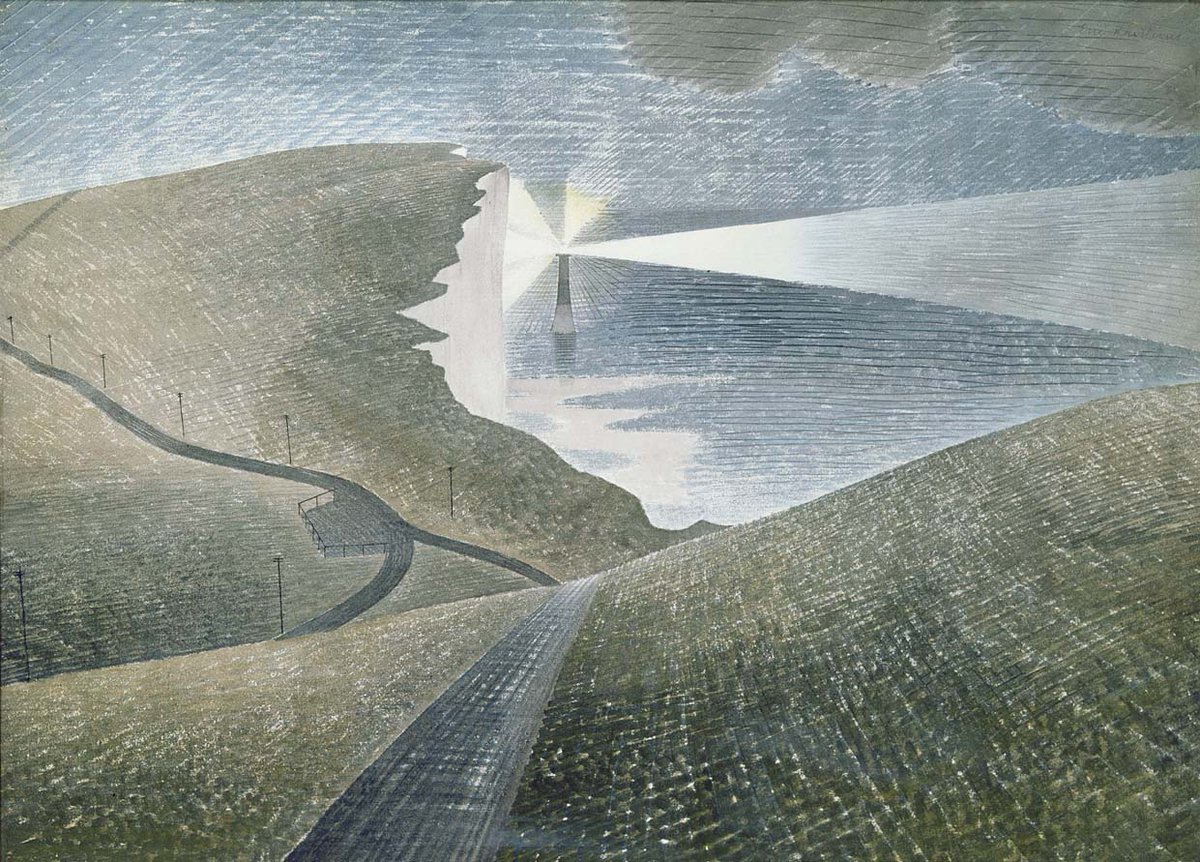 Ravilious1942's tweet photo. Beachy Head, Eric Ravilious, 1939. A classic view of the East #Sussex coast near Eastbourne on the eve of #WW2. The original artwork is in the collection of @TownerGallery. https://t.co/uPQV1yBtp9