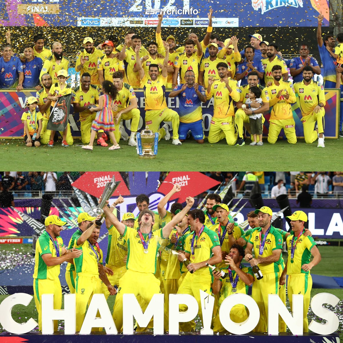 cricinfo's tweet photo. Dubai 2021 - it was all yellow! 🏆

#IPL2021 | #T20WorldCup https://t.co/JJ1UM9aOK0