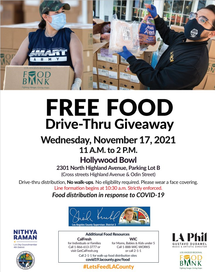 lacountyparks's tweet photo. Join us on Wednesday, November 17th for a FREE food drive-thru giveaway at the #HollywoodBowl from 11:00AM - 2:00PMl! 🚗🍽️ No eligibility required. #LetsFeedLACounty https://t.co/aXSPtRGvHB