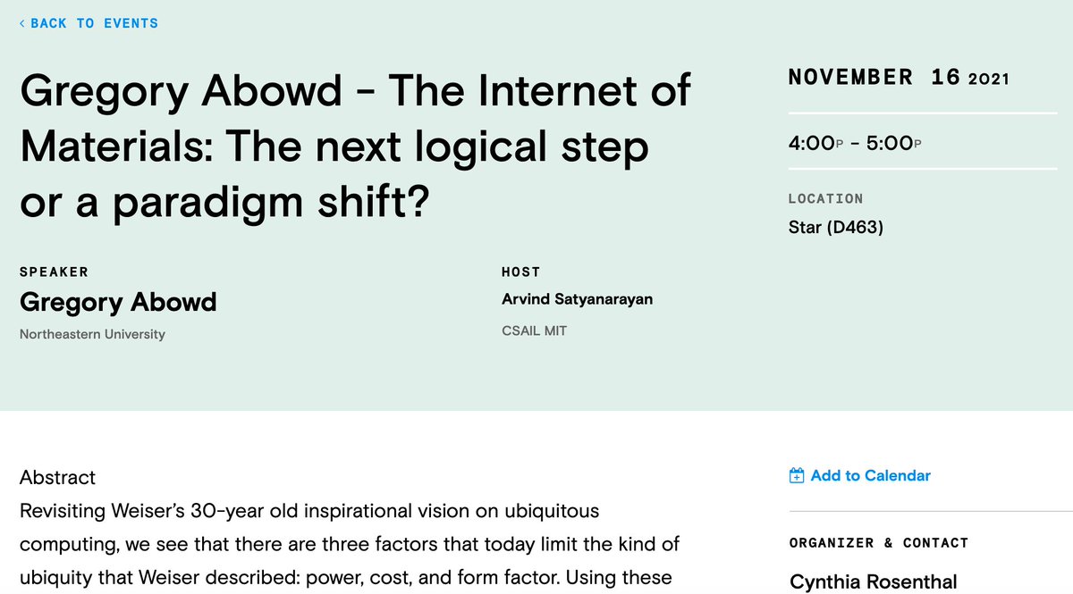 ๐ฑ Nivedita Arora ๐ Sustainable Computing (@nivarora) on Twitter photo <a href="/gabowd/">Gregory D. Abowd</a> will be giving a talk at <a href="/MITCSAIL/">MIT CSAIL</a> HCI seminar ๐
The #Internet of #Materials: The next logical step or a paradigm shift?
Zoom link: mit.zoom.us/j/93420404286#โฆ
Nov 16th Tue 4-5pm EST
More details: csail.mit.edu/event/gregory-โฆ
Everyone is welcome to join in! ๐ <a href="/gabowd/">Gregory D. Abowd</a> will be giving a talk at <a href="/MITCSAIL/">MIT CSAIL</a> HCI seminar ๐
The #Internet of #Materials: The next logical step or a paradigm shift?
Zoom link: mit.zoom.us/j/93420404286#โฆ
Nov 16th Tue 4-5pm EST
More details: csail.mit.edu/event/gregory-โฆ
Everyone is welcome to join in! ๐