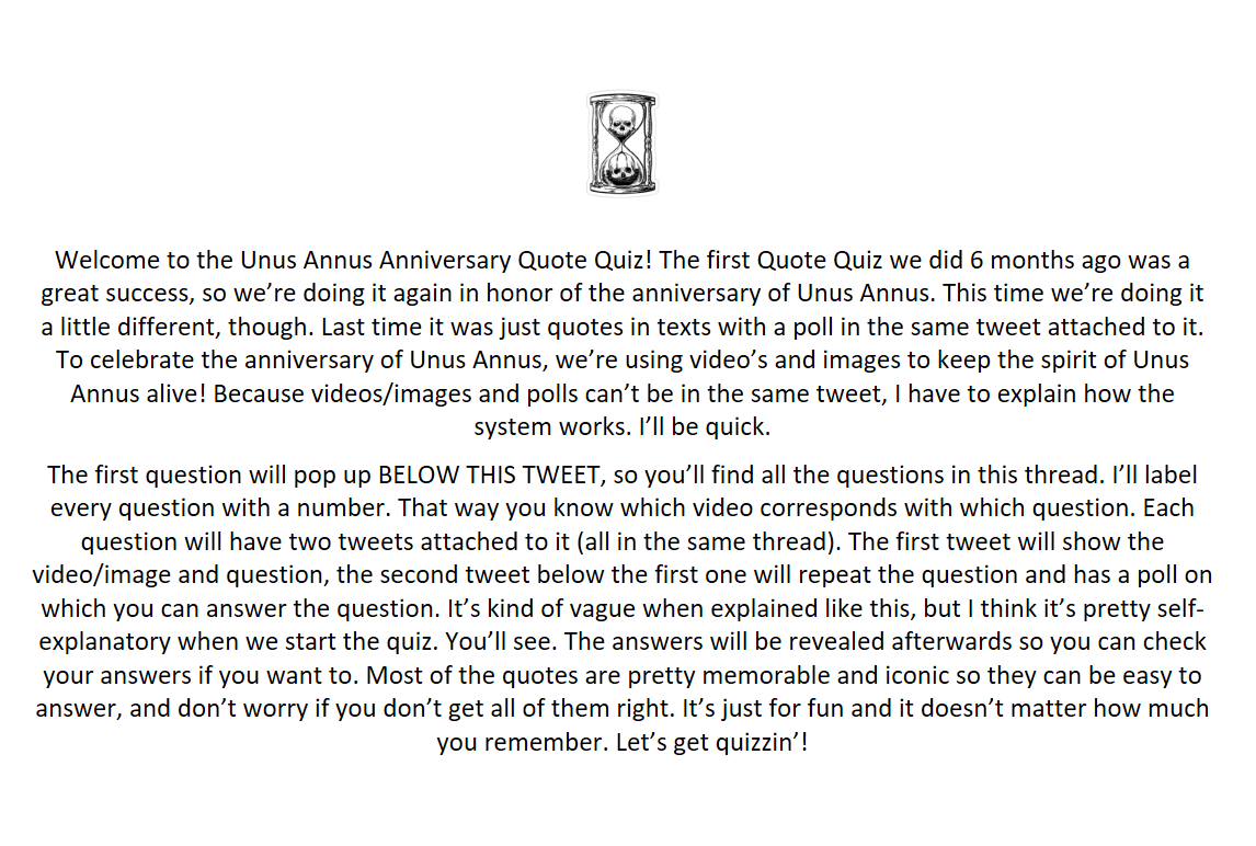 QuotusAnnus's tweet photo. ⏳ WELCOME TO THE QUOTE QUIZ. ⏳
Read below for some quick instructions. Starting the quiz in a minute, you'll find the questions in this thread below. A new question will be added every few minutes. Enjoy! https://t.co/qy94LyydLE