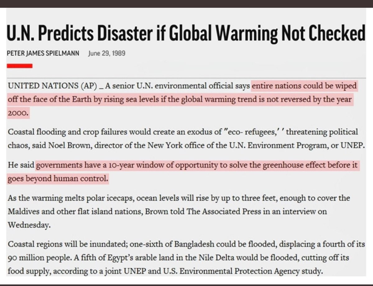 ExecutiveXPin's tweet photo. The United Nations announced in 1989 that entire nations could be wiped off the face of the Earth by rising sea levels, unless global warming was reversed by 2000. There was a 10-year window to solve the greenhouse effect. This absurd fear campaign continues today, 30 years on. https://t.co/z0Sdn2S4CR