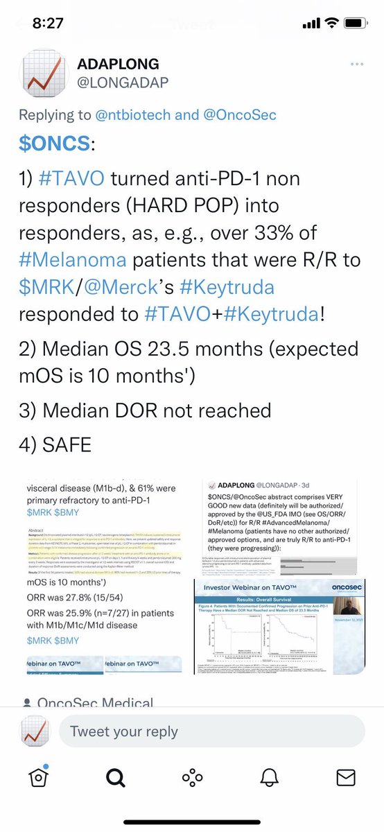 LONGADAP's tweet photo. $ONCS/@OncoSec’s #TAVO+#Keytruda > #Keytruda, as #TAVO DEFINITELY increases ORR/OS/etc for anti-PD-1 non responders! This means $ONCS is EXTREMELY valuable, &amp; can do 1st line!

$MRK (or $BMY, $RHHBY/@genentech, $PFE, $AZN, $REGN, $GSK, $GILD, etc) should definitely acquire $ONCS! https://t.co/MSx7ZaDEIN