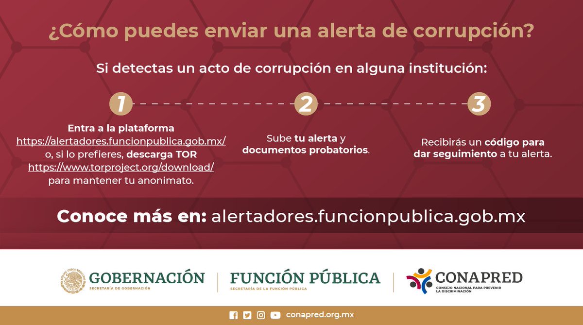 CONAPRED's tweet photo. ¿Cómo puedes enviar una alerta de corrupción? Ciudadanos #Alertadores Internos y Externos de la Corrupción permite a la ciudadanía alertar, sin represalia alguna, sobre actos graves de corrupción que involucren a personas servidoras públicas. #Enterate https://t.co/KkQZFjTlAO