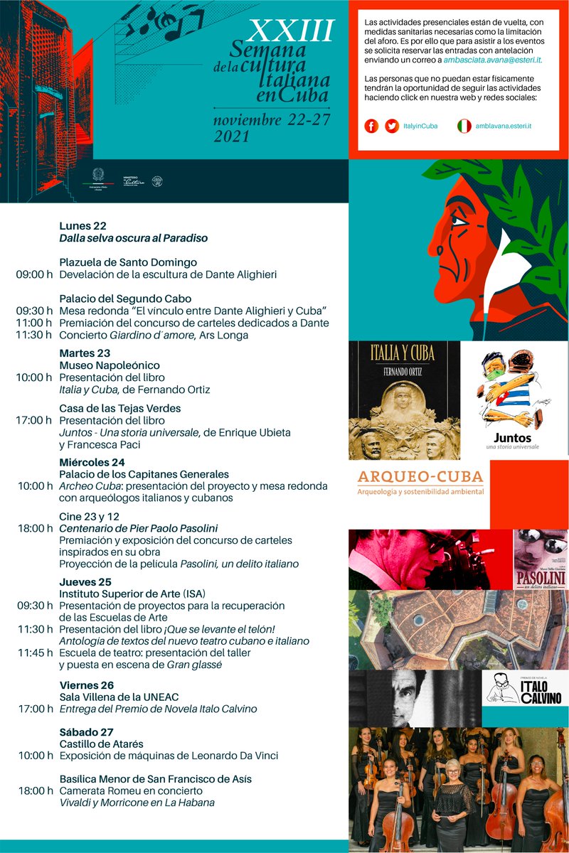 ItalyinCuba's tweet photo. Las actividades presenciales están de vuelta con la XXIII Semana de la Cultura italiana en Cuba.

Reserva tus entradas con antelación enviando un correo a ambasciata.avana@esteri.it

Consulta el programa completo: 
https://t.co/q04AqruNn5

#culturaitalianaencuba
#italiaycuba https://t.co/Az4BM2D57H