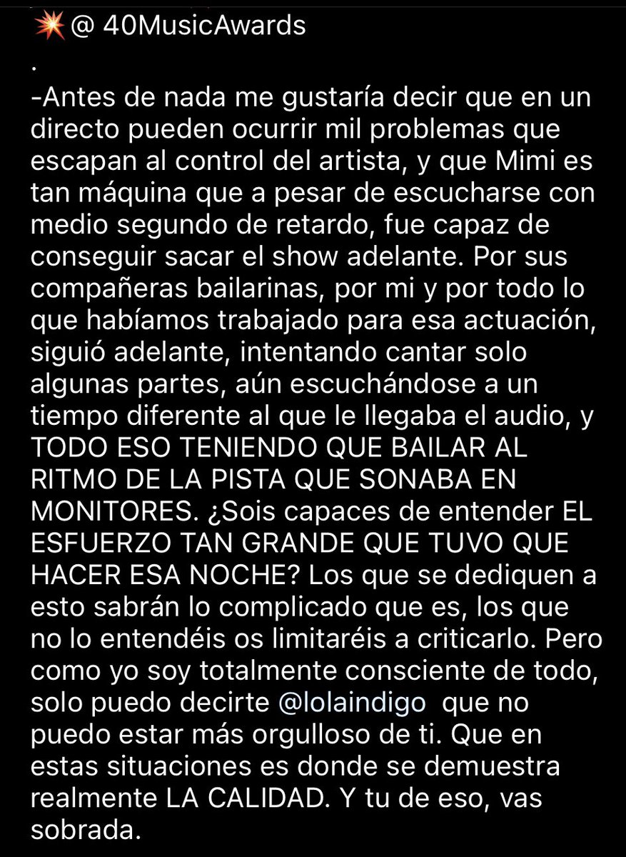 Como director creativo y coreógrafo de <a href="/lolaindigomusic/">lola indigo | info oficial</a> es mi deber hablar un poco de lo que pasó la otra noche en nuestra actuación. Estoy súper orgulloso de ti Mimi. Gracias a todos ❤️