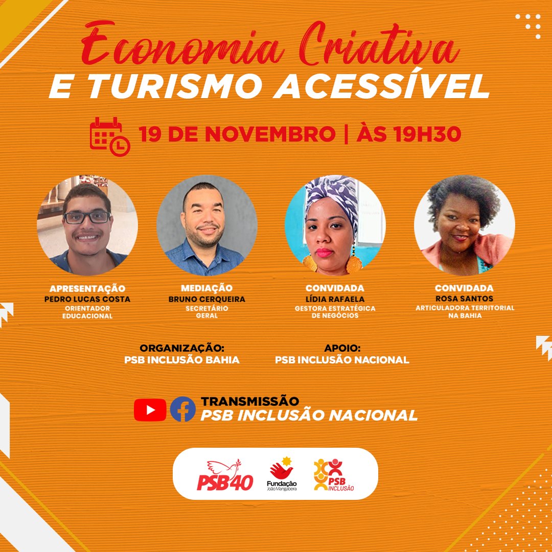 incluaaopsbba's tweet photo. Essa sexta, dia 19, às 19:30 no facebook e no youtube vai ter mais uma live do PSB Inclusão Bahia: "Economia Criativa e Turismo Acessível", com Pedro Lucas, Bruno Cerqueira, Lídia Rafaela e Rosa Santos.

#PraCegoVer Card com título, participantes, transmissâo e horário da live. https://t.co/UXz0JojwP1