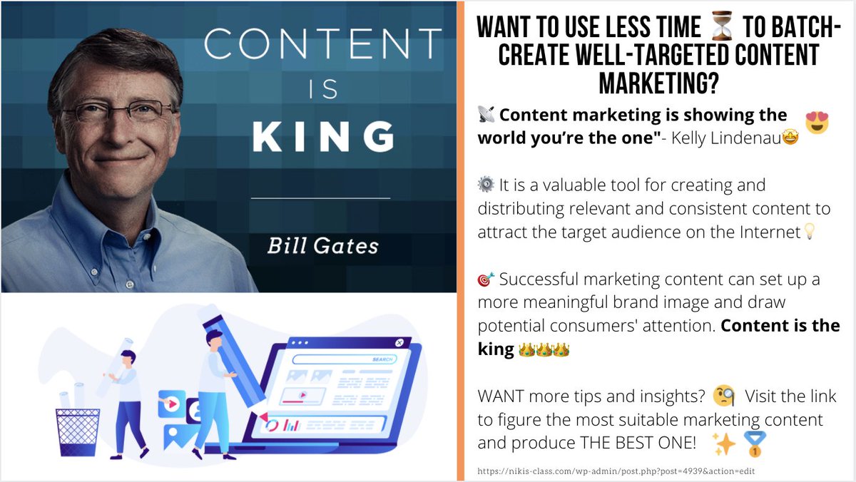 NikisClass's tweet image. Want to use less time ⏳ to batch-create well-targeted marketing content?

WANT more tips and insights? Visit the link to figure the most suitable marketing content and produce THE BEST ONE!✨🥇 

 #content marketing; #marketing strategy;
#how to create a content