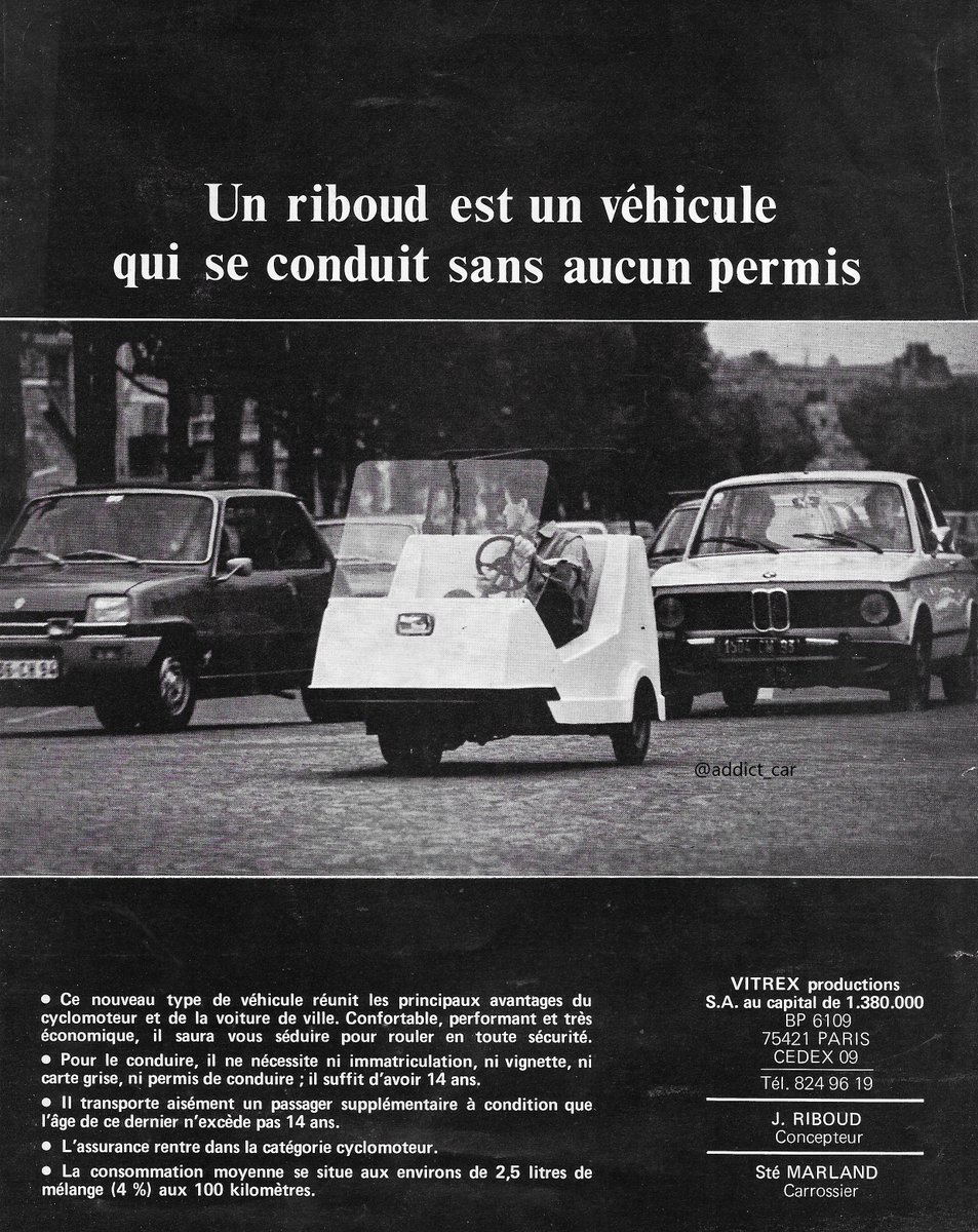 addict_car's tweet photo. From now on I'm going to be using #MicrocarMonday to feature some odd little vehicles. This leaflet proudly shows the Vitrex Riboud, a 47cc plastic-bodied three-wheeler, jousting with Parisian traffic. It could be driven without a licence by anyone aged 14+. #carbrochure #Vitrex https://t.co/OcTsSrdMbr